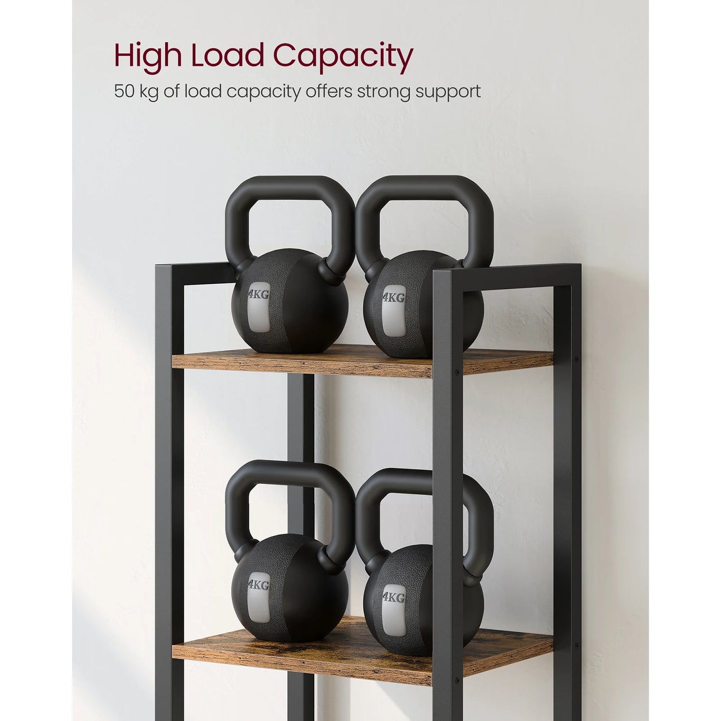 Kettlebells on a wooden shelf with text about high load capacity.