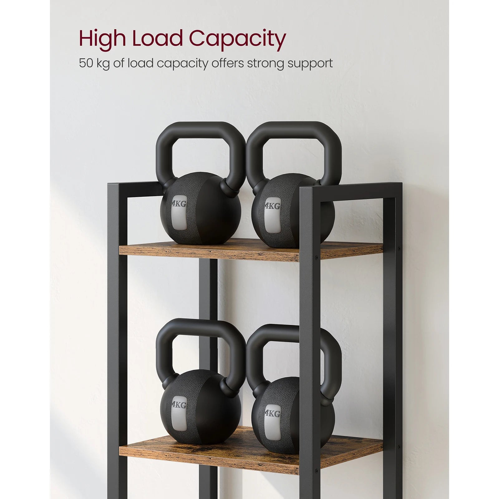 Kettlebells on a wooden shelf with text about high load capacity.