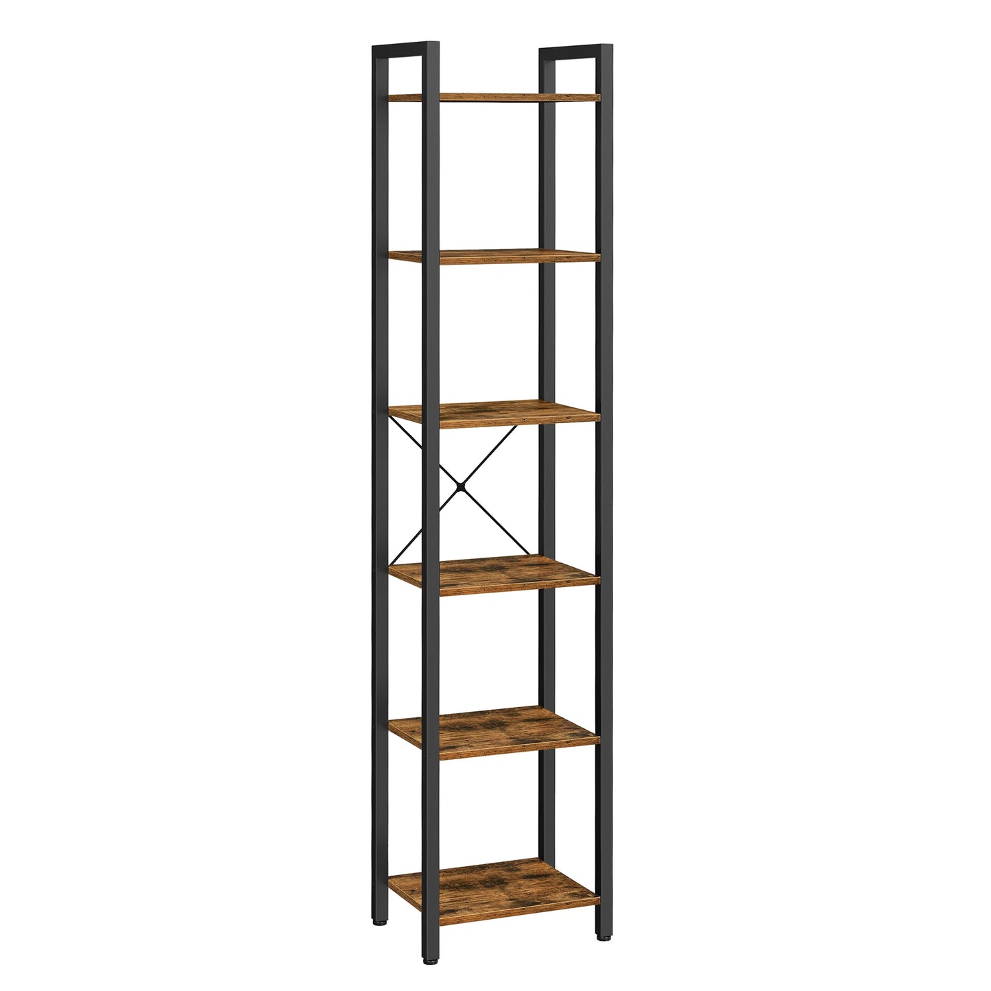Tall bookshelf with five shelves on a white background