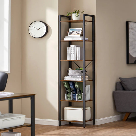 Tall bookshelf with books and decor in a room with a clock and sofa.