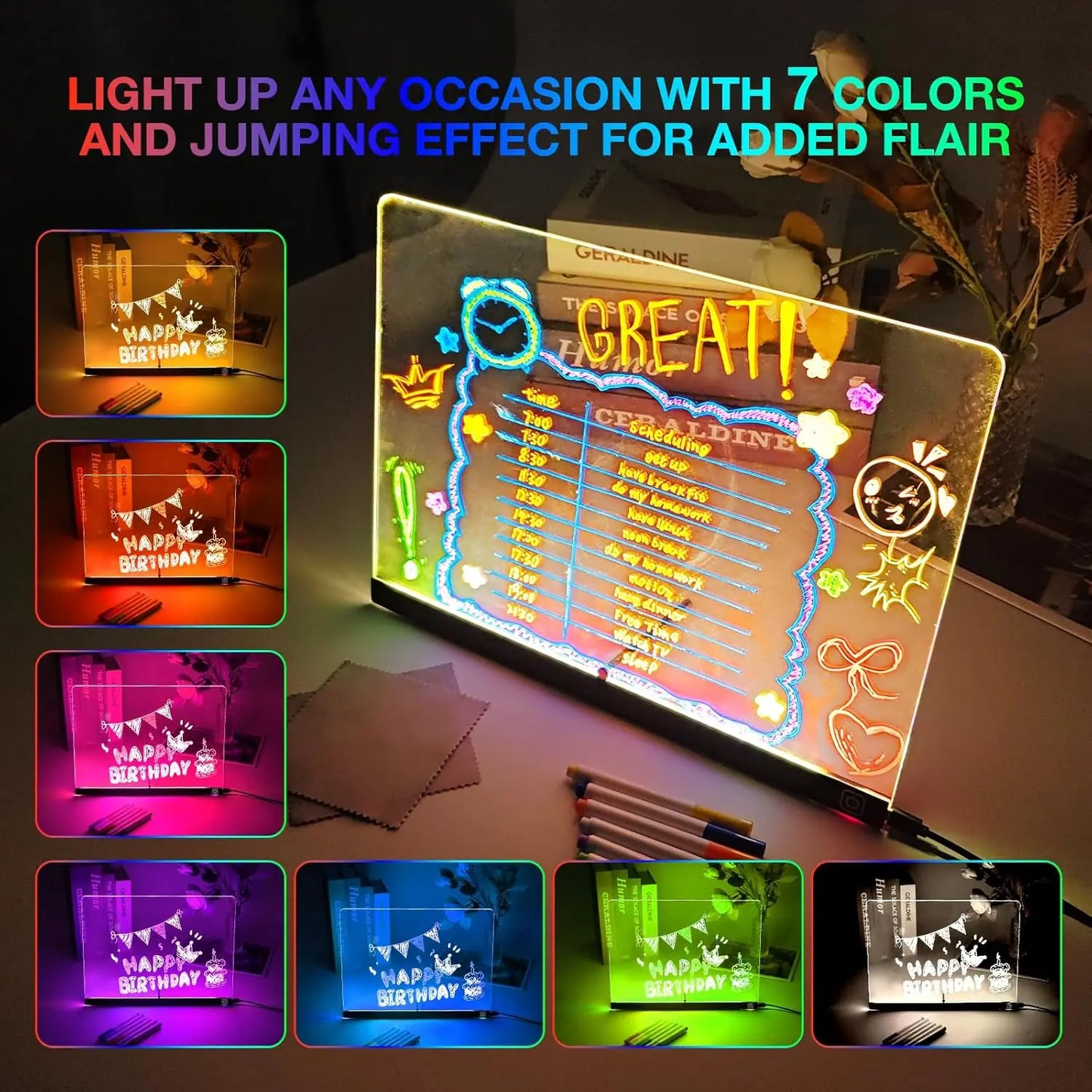 Light-up display with colorful text and graphics, featuring multiple color options and a jumping effect.