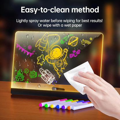 Cleaning a transparent board with colorful drawings using a wet paper towel, with text on an easy-to-clean method.