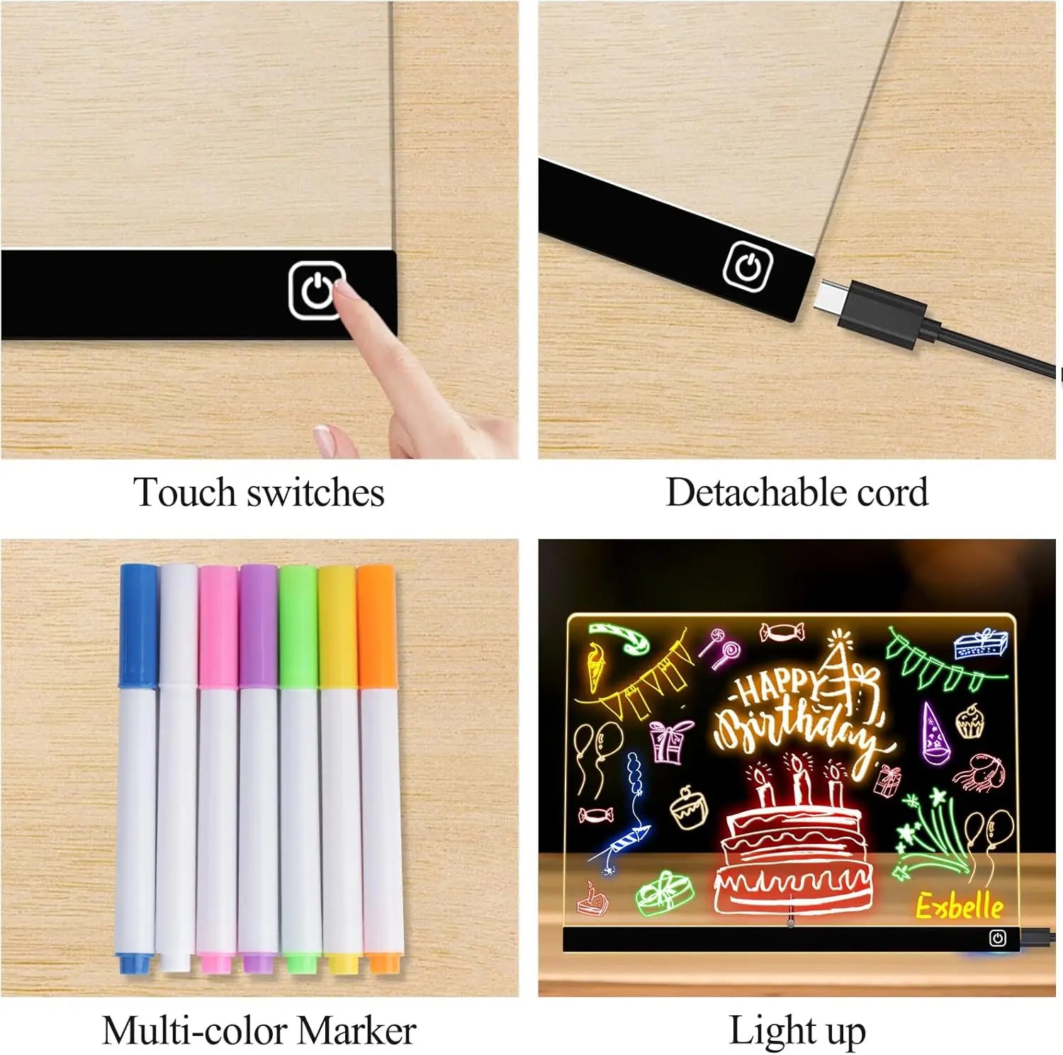 Light-up drawing board with touch switches, detachable cord, markers, and a sample drawing.