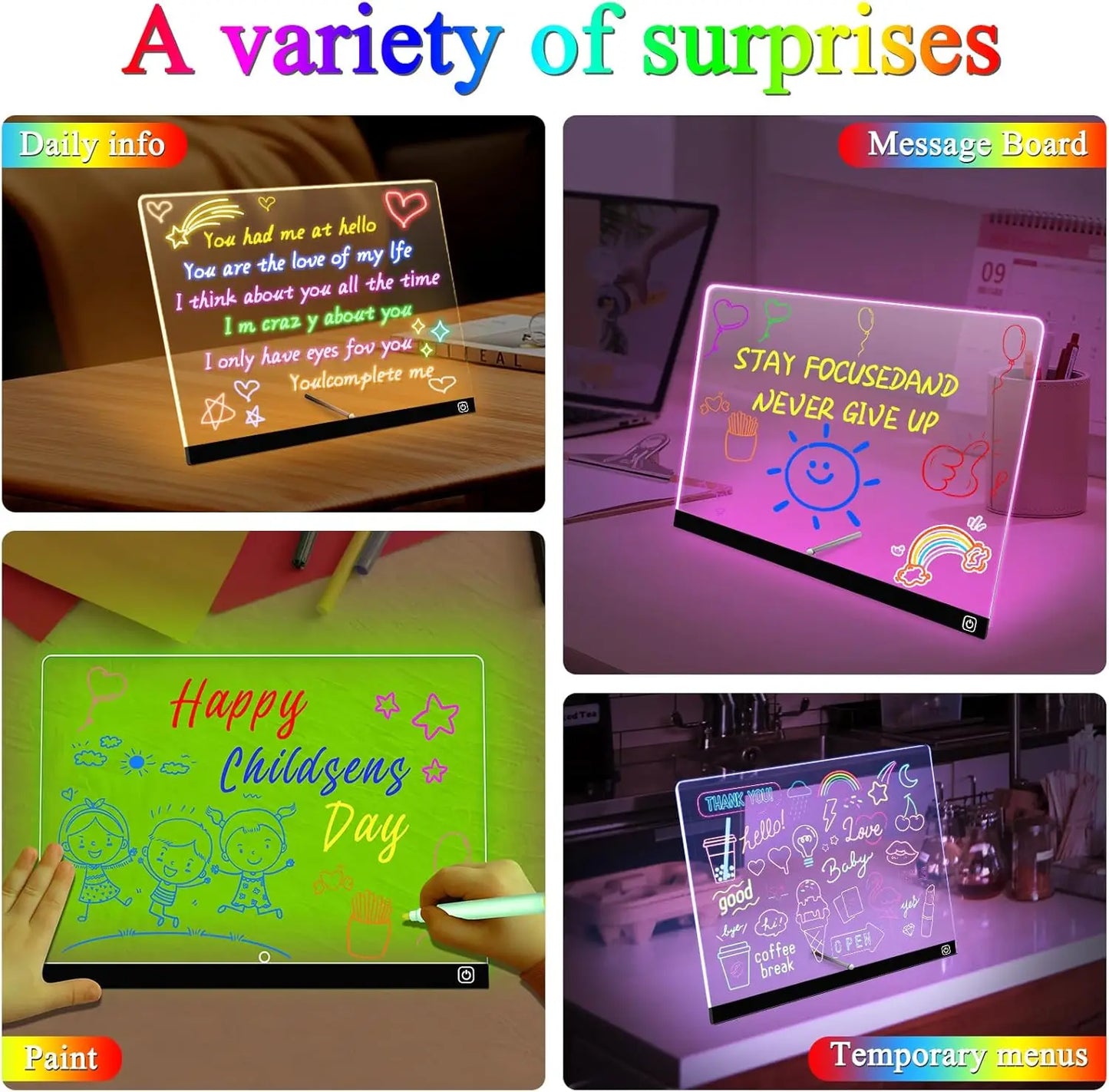 Collage of LED display boards with different uses including daily info, message board, painting, and temporary menus.