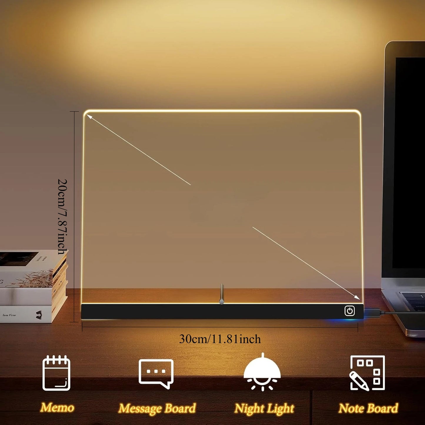 Transparent LED sign with dimensions and functions on a wooden surface