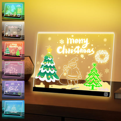LED display with Christmas-themed designs and text on a wooden surface.