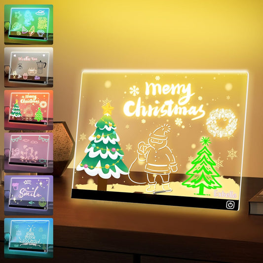 LED display with Christmas-themed designs and text on a wooden surface.