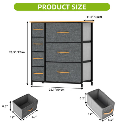Gray dresser with drawers and storage bins, showing dimensions on a white background.