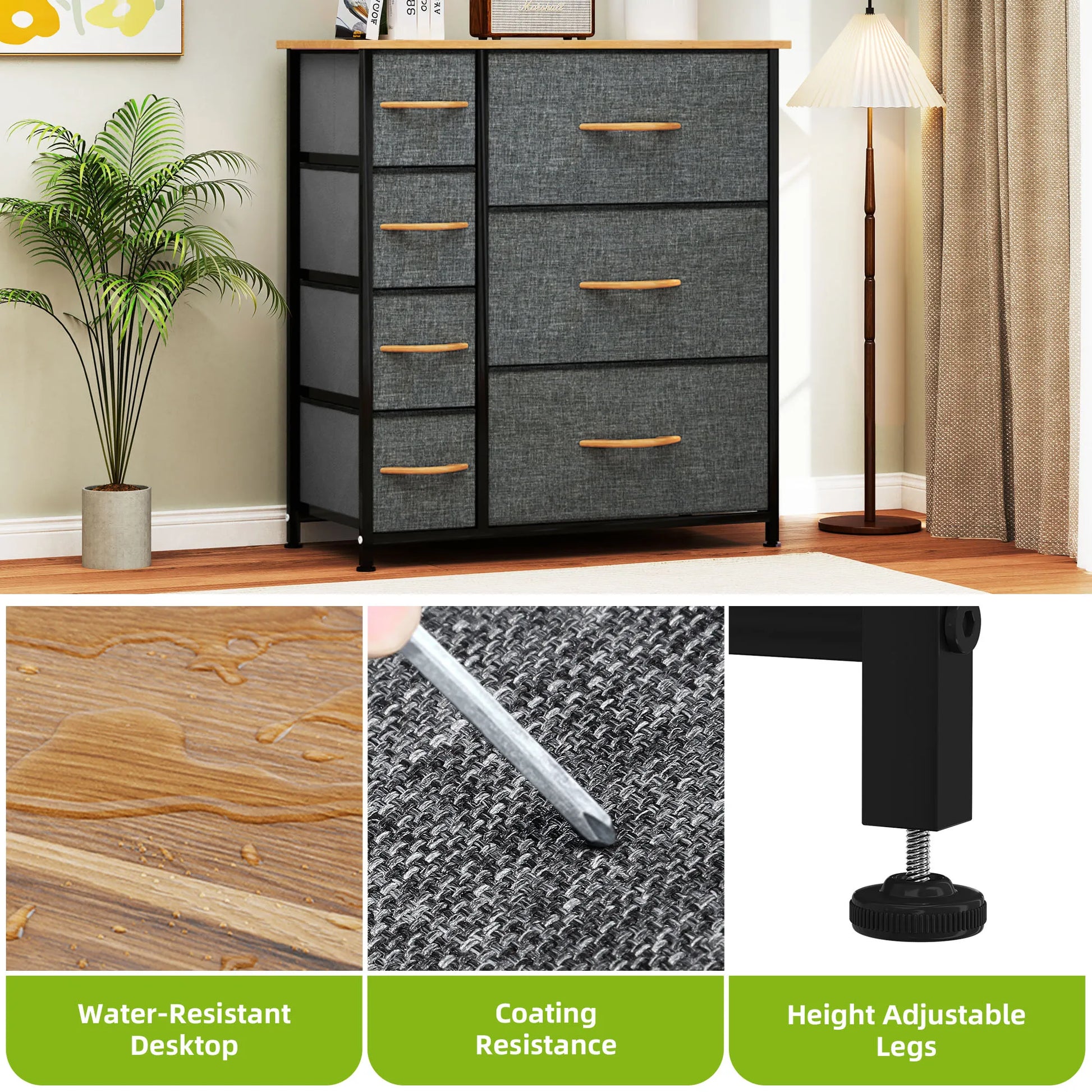 Gray dresser with wooden drawers in a room setting, showing close-ups of water-resistant desktop, coating resistance, and height-adjustable legs.