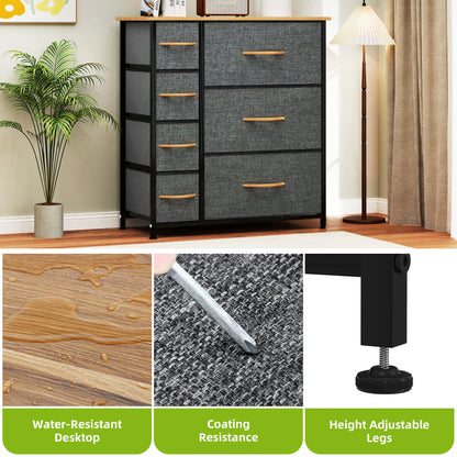 Gray dresser with wooden drawers in a room setting, showing close-ups of water-resistant desktop, coating resistance, and height-adjustable legs.