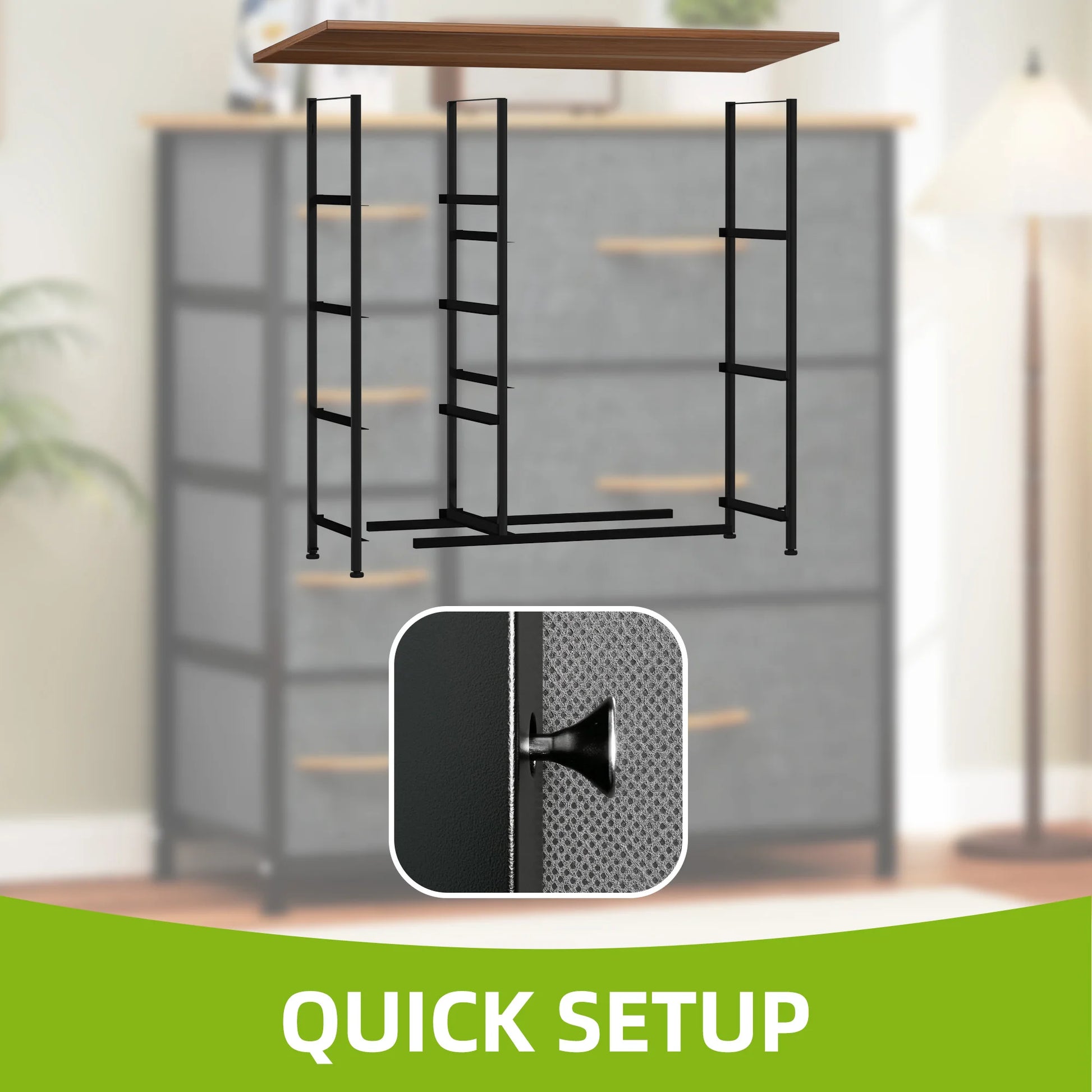 Black metal ladder against a blurred background with 'Quick Setup' text at the bottom.