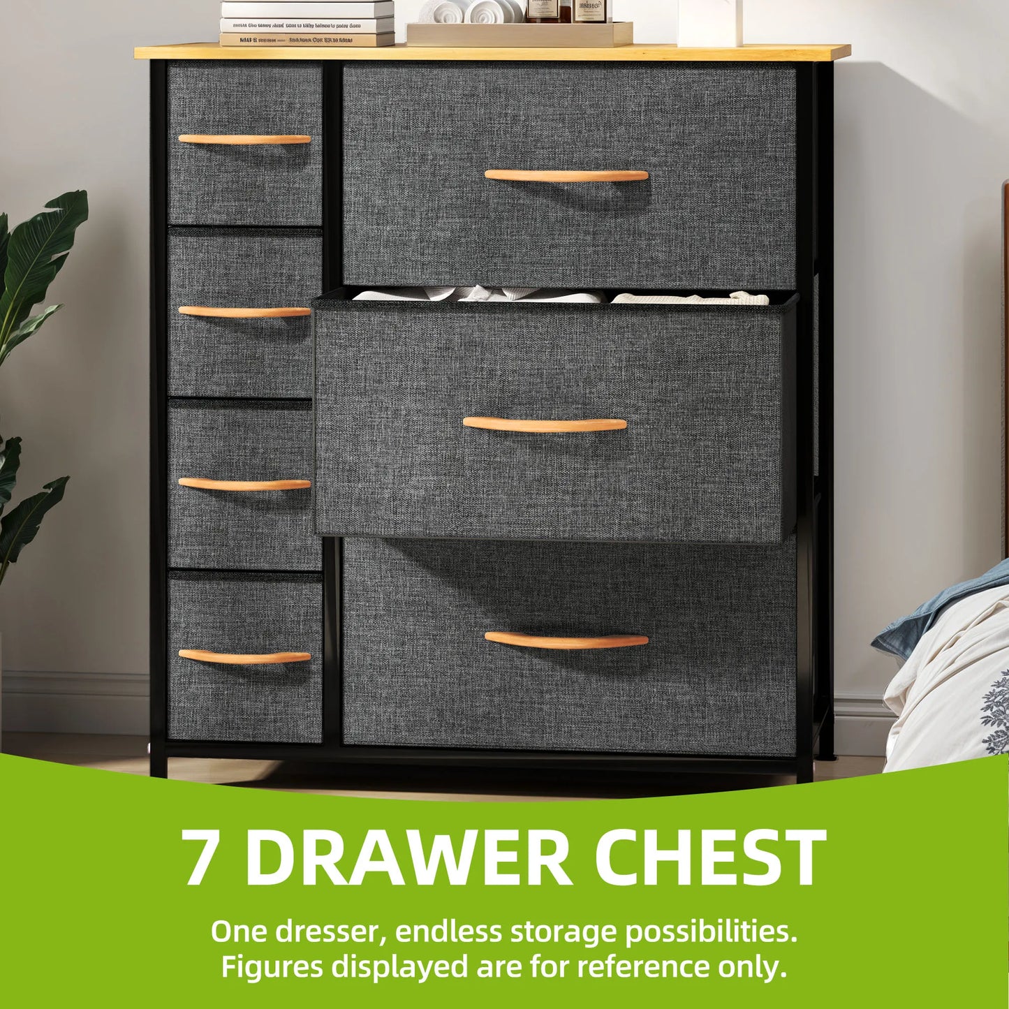7 drawer chest with gray fabric drawers and wooden handles in a bedroom setting.