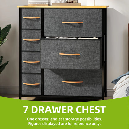 7 drawer chest with gray fabric drawers and wooden handles in a bedroom setting.