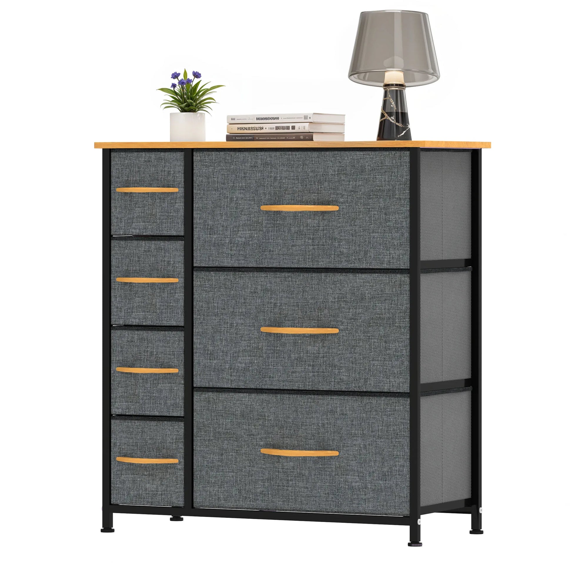 Gray dresser with multiple drawers and a wooden top on a white background
