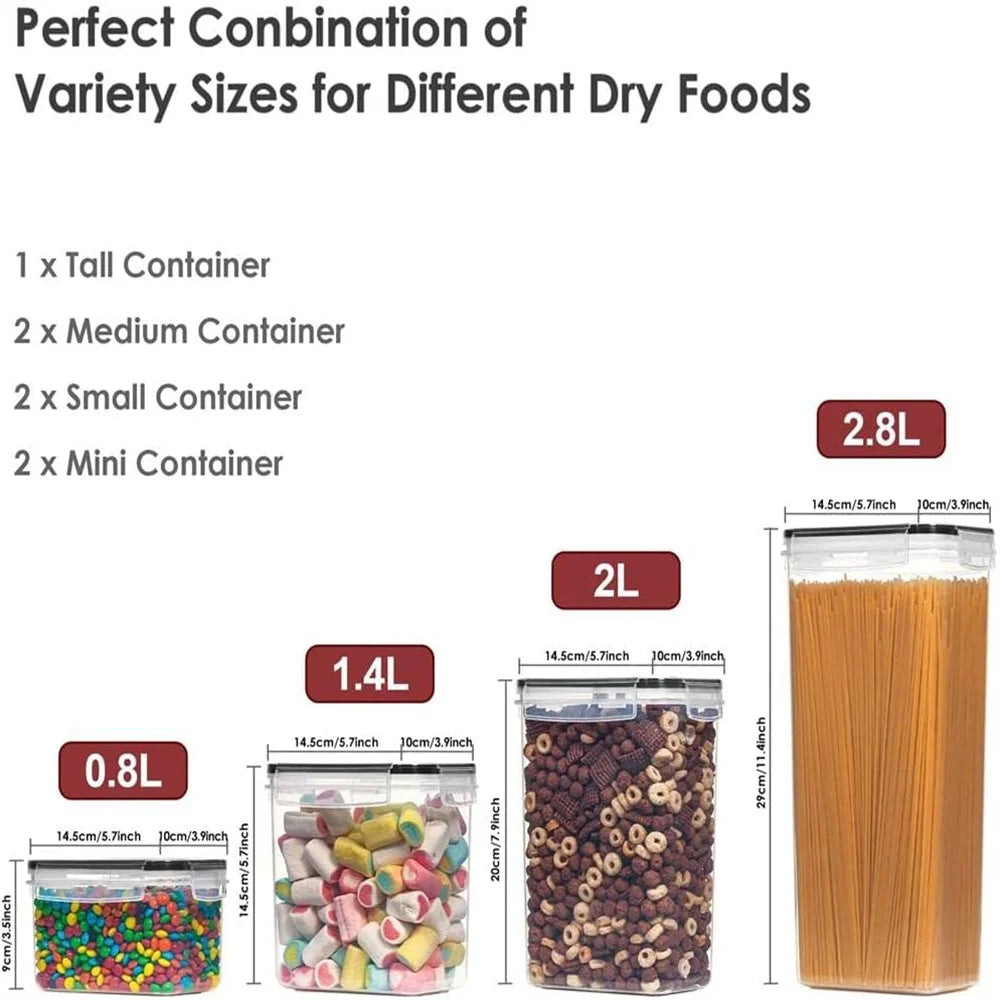 Product packaging with containers of different sizes filled with various dry foods, showing measurements.