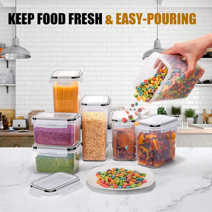 Set of food storage containers with a kitchen background, emphasizing freshness and ease of pouring.