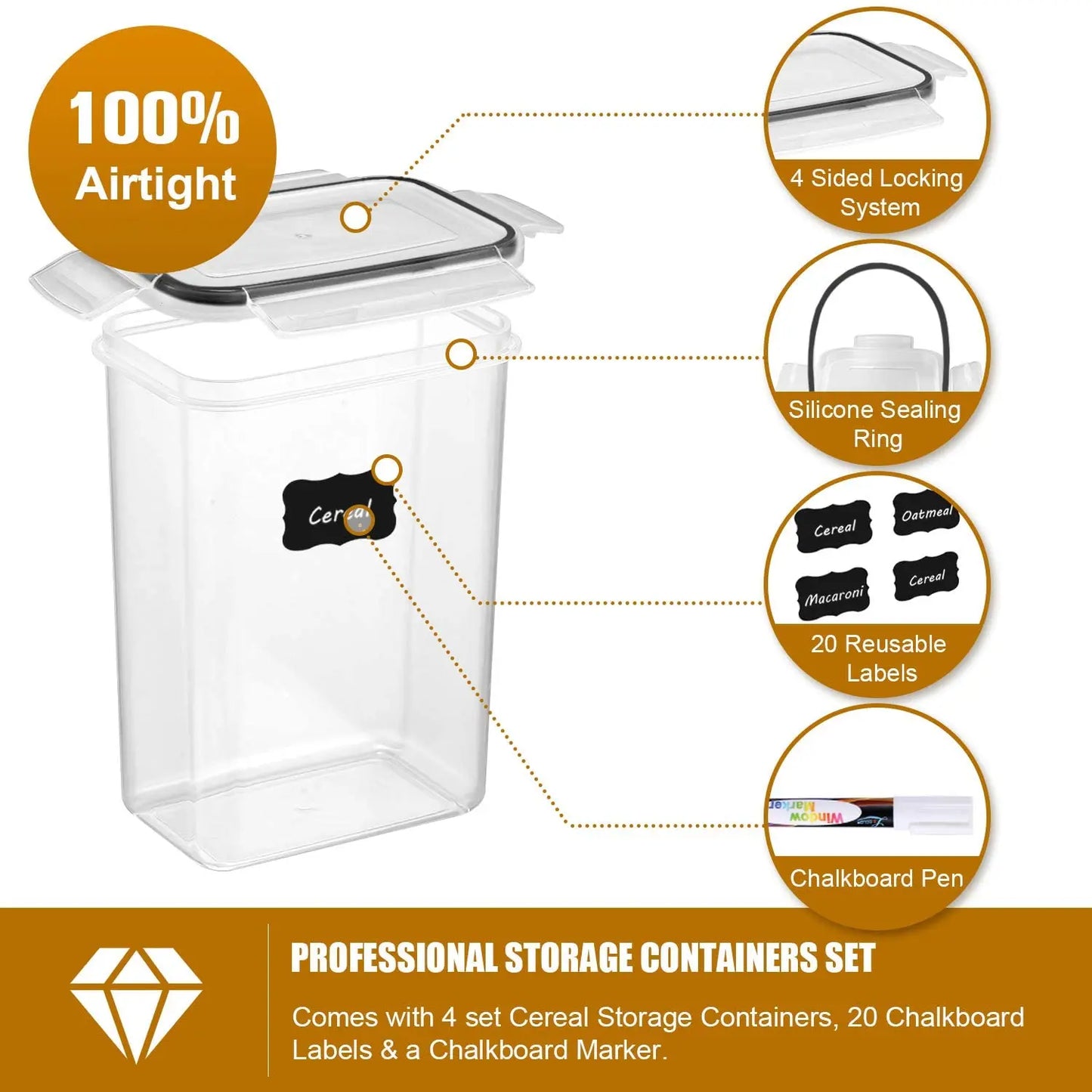 Airtight storage container with features highlighted on a white background
