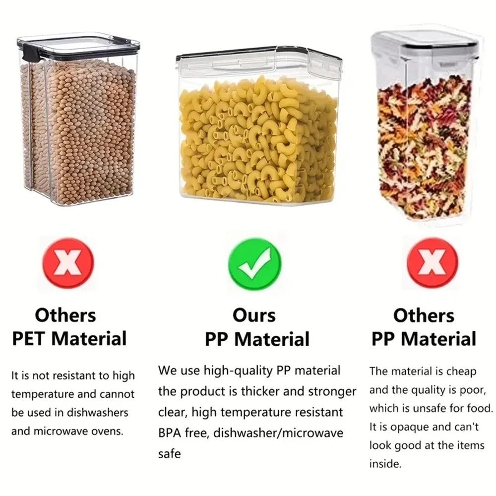 Three food storage containers with different material types and their respective pros and cons.