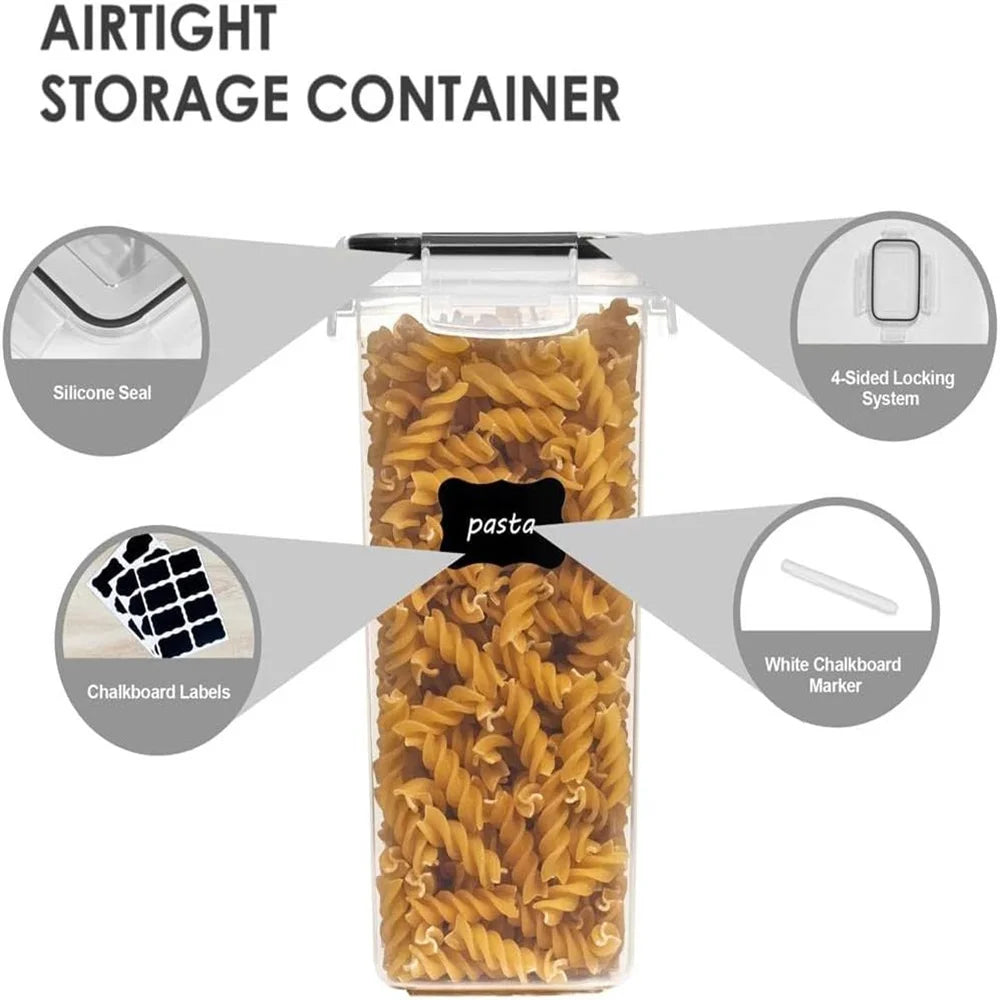 Airtight storage container with pasta inside, labeled features on a white background