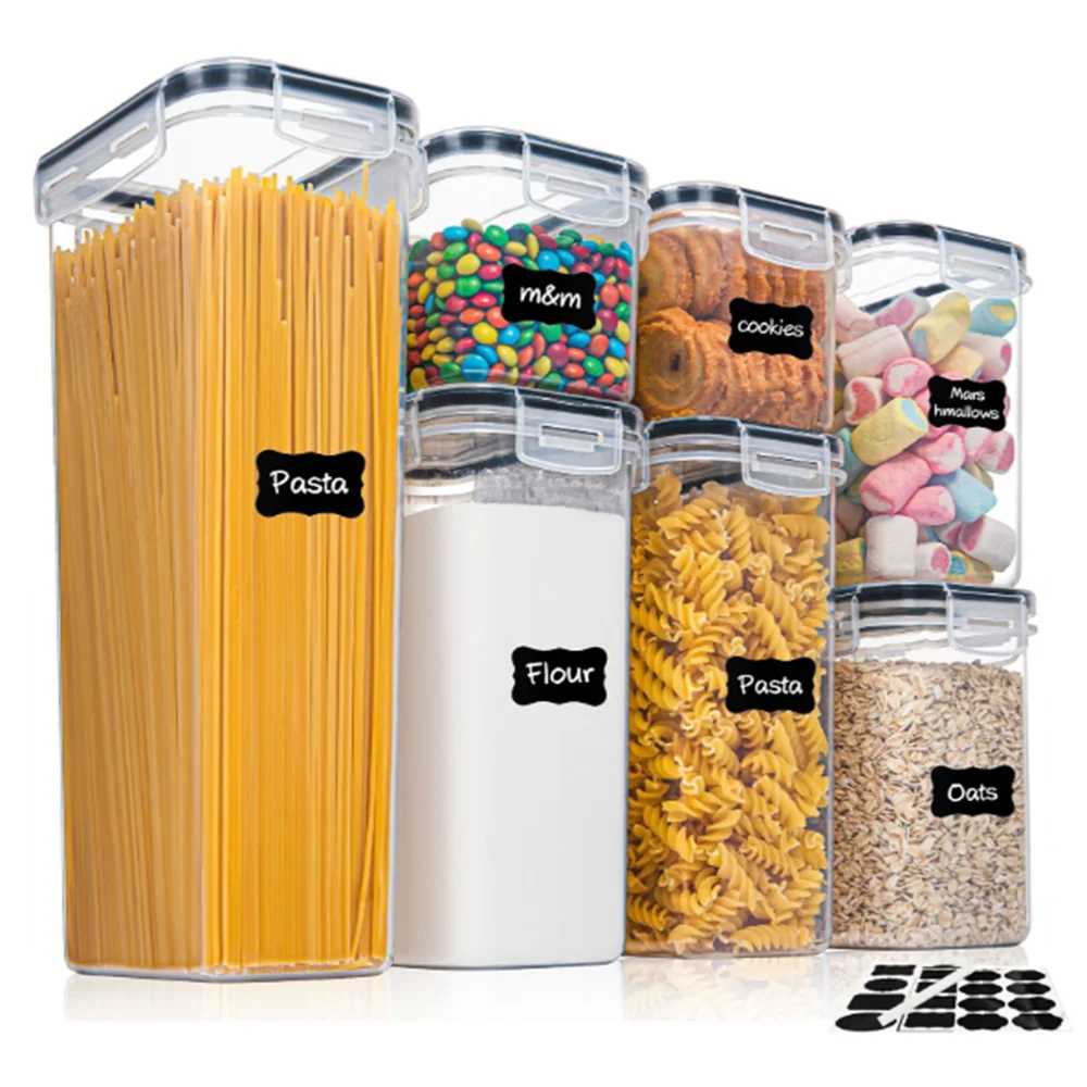 Set of clear storage containers with labeled food contents on a white background