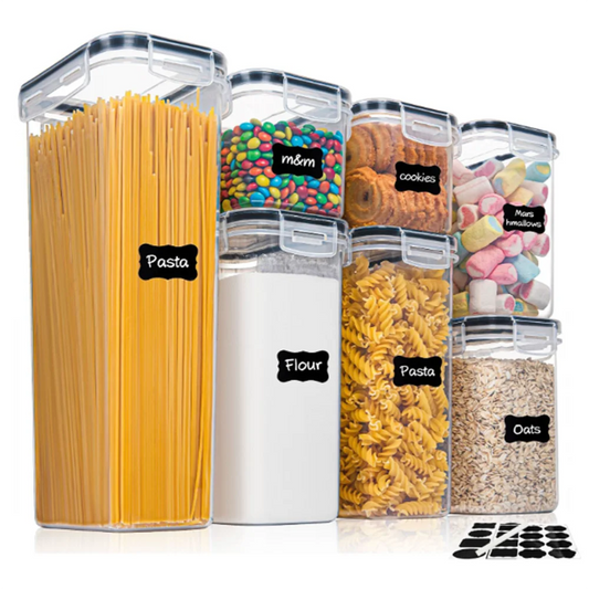 Set of clear storage containers with labeled food contents on a white background
