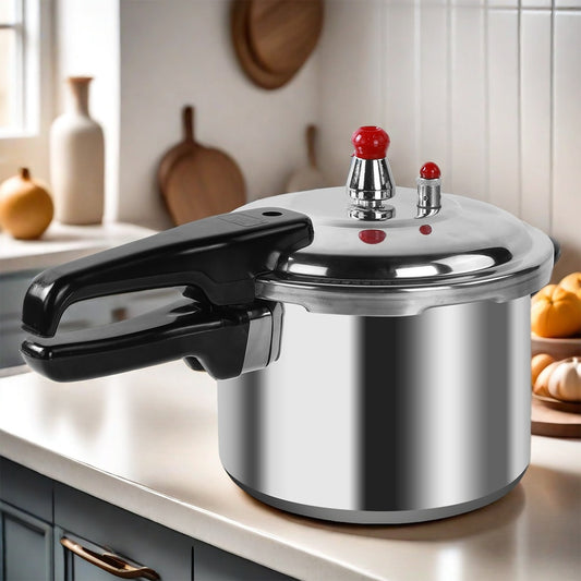 Stainless steel pressure cooker on a kitchen counter with decorative items in the background