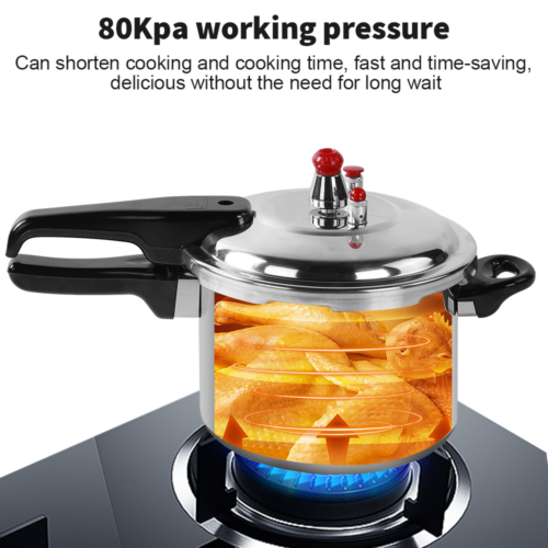 Pressure cooker with food inside on a stove, highlighting 80Kpa working pressure.
