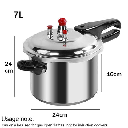 Stainless steel pressure cooker with dimensions and usage note on a white background