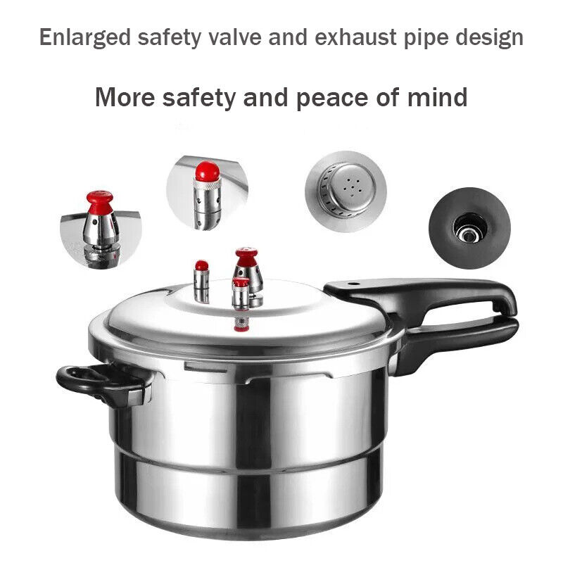 Stainless steel pressure cooker with enlarged safety valve and exhaust pipe design on a white background.