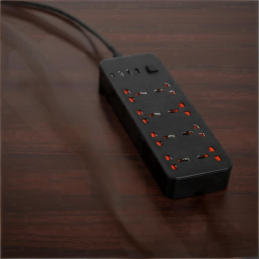 Black power strip with multiple outlets on a wooden surface