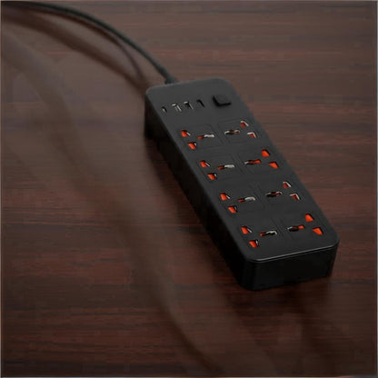 Black power strip with multiple outlets on a wooden surface