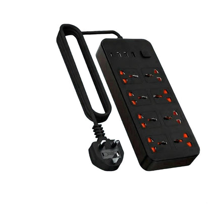Black power strip with multiple outlets and a plug on a white background