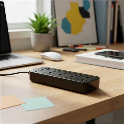 Power strip on a desk with office items in the background