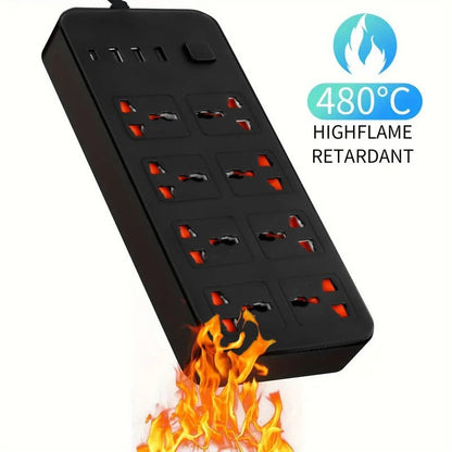 Black power strip with multiple outlets and high-flame retardant feature on a white background