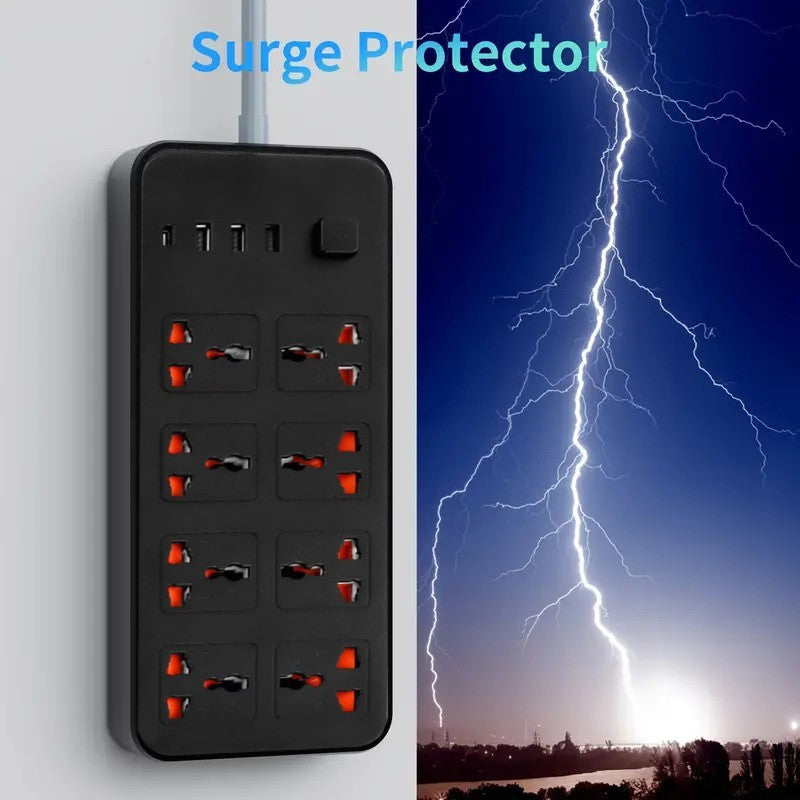 Surge protector with multiple sockets on a white background, next to an image of lightning.