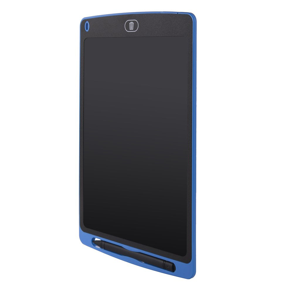 Black digital tablet with blue casing on a white background