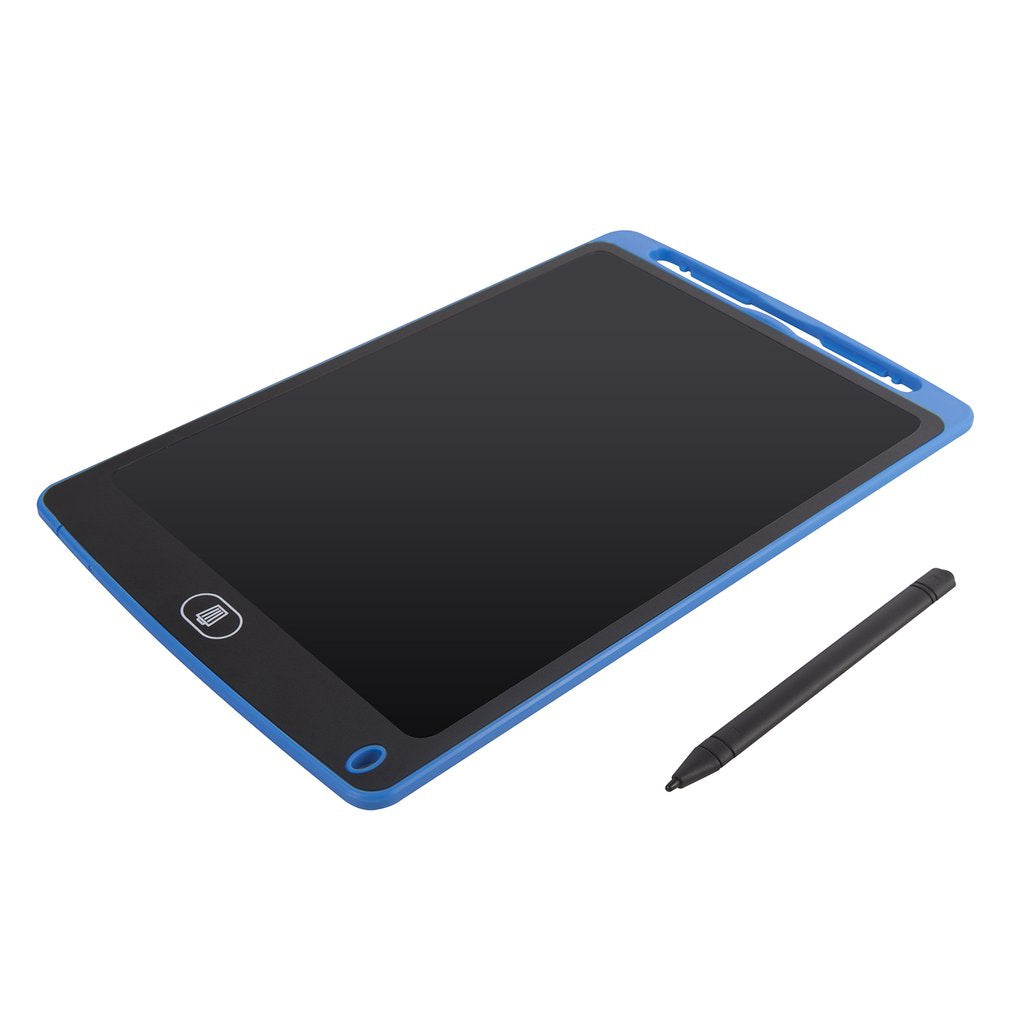 Digital drawing tablet with blue border and black stylus on a white background