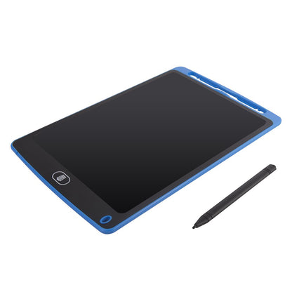 Digital drawing tablet with blue border and black stylus on a white background
