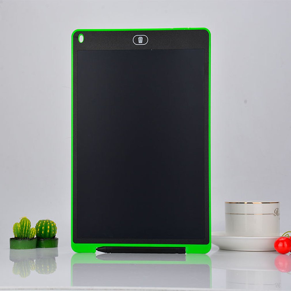 Black electronic tablet with green frame on a white surface
