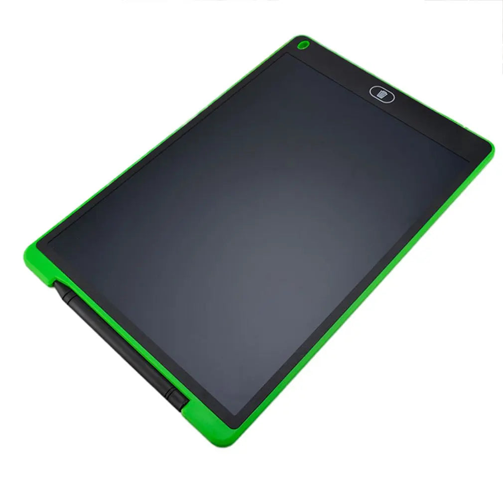 Black electronic writing pad with green border on a white background