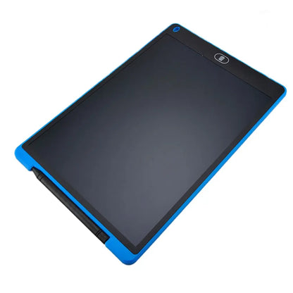 Black electronic writing pad with blue border on a white background