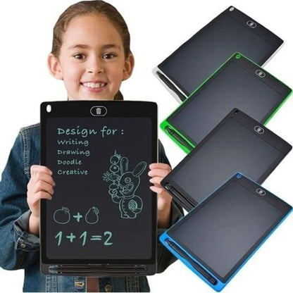 Child holding a digital drawing tablet with additional tablets displayed in the background.