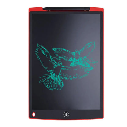 Electronic drawing tablet with a red frame displaying a green bird illustration on a white background