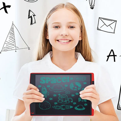 Young girl holding a digital drawing tablet with space-themed drawings on a white background with doodles.