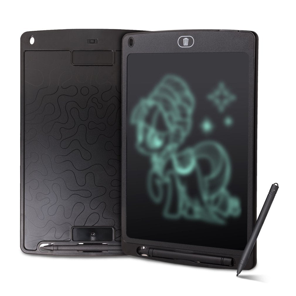 Black electronic drawing tablet with a colorful graphic on a white background