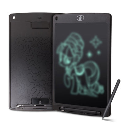Black electronic drawing tablet with a colorful graphic on a white background