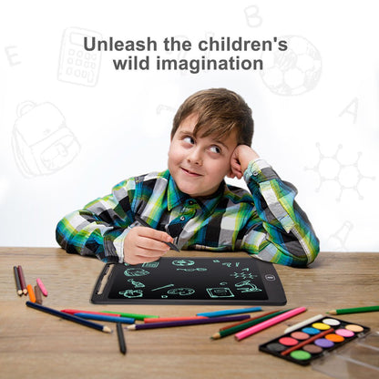 Child using a digital drawing tablet with colorful pens and a palette on a wooden table, text 'Unleash the children's wild imagination' above.