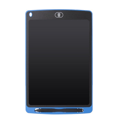 Black electronic writing pad with blue border and pen on a white background