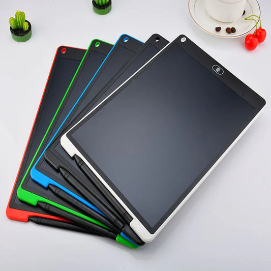 Stack of electronic tablets with colorful borders on a light surface.