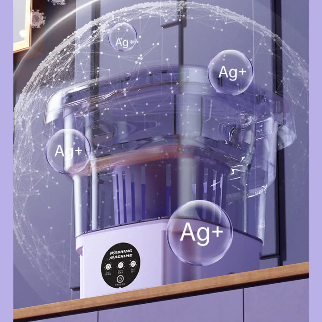 White washing machine with 'Ag+' label on a purple background